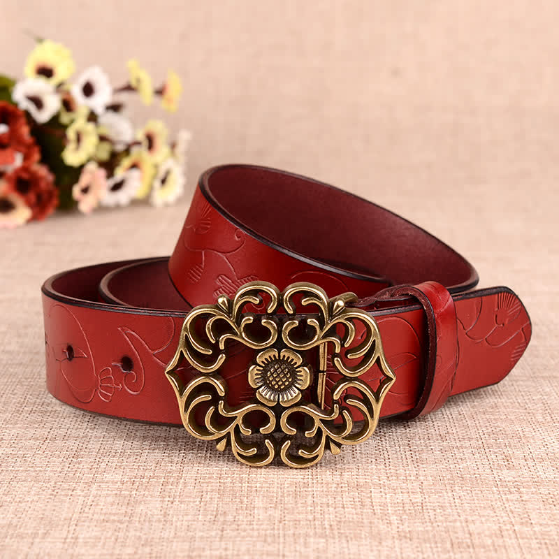 Ceinture en cuir gaufré rétro à motif tournesol creux pour femme