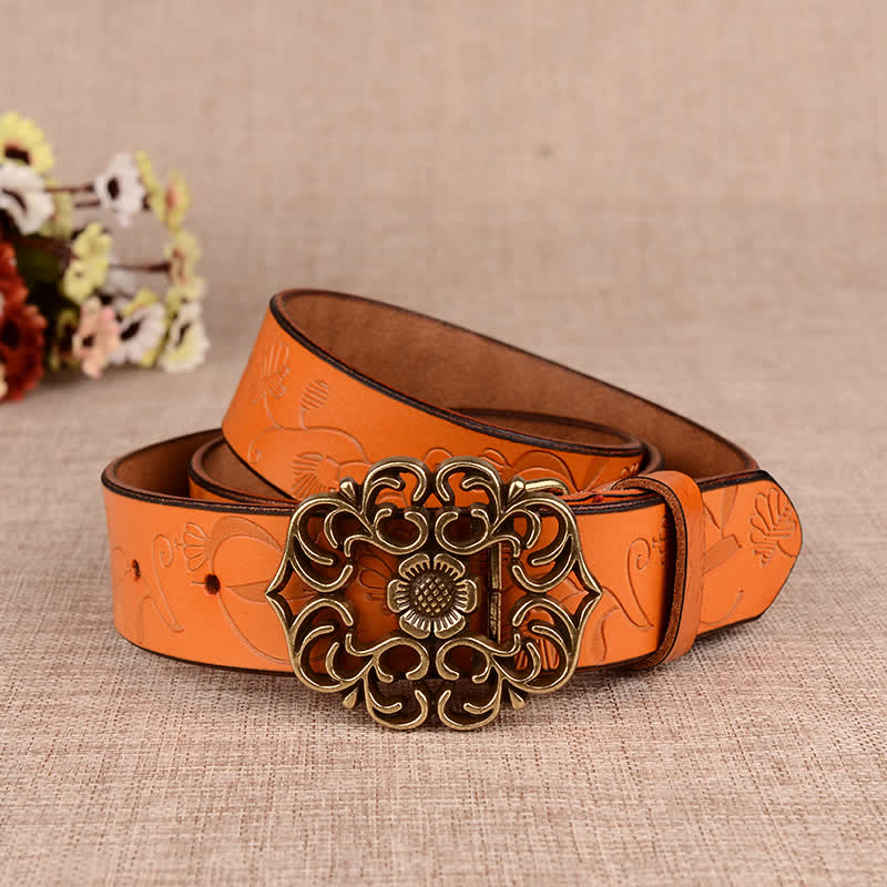 Ceinture en cuir gaufré rétro à motif tournesol creux pour femme