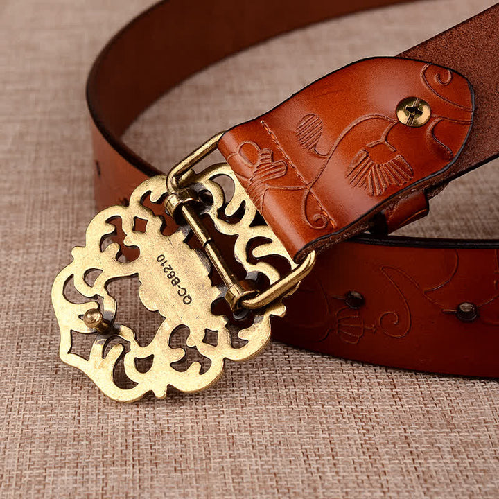 Ceinture en cuir gaufré rétro à motif tournesol creux pour femme