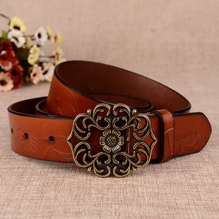 Ceinture en cuir gaufré rétro à motif tournesol creux pour femme