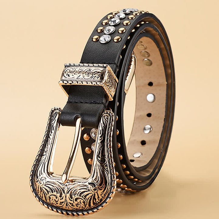 Ceinture en cuir à rivets et strass de luxe pour femme