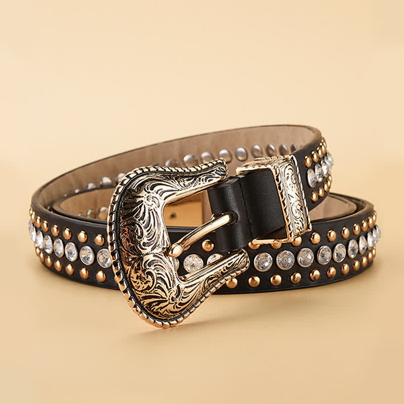 Ceinture en cuir à rivets et strass de luxe pour femme