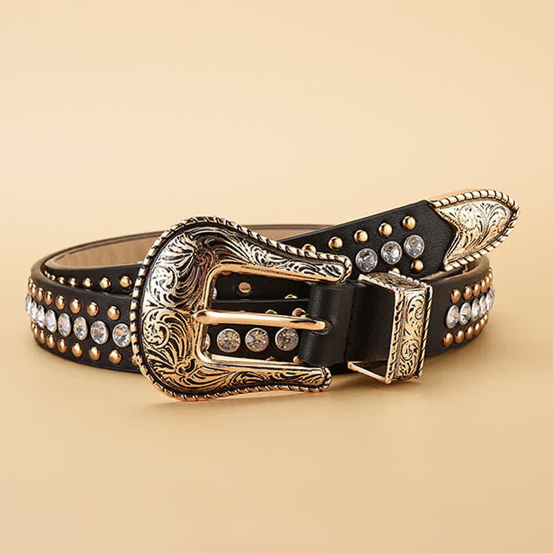 Ceinture en cuir à rivets et strass de luxe pour femme