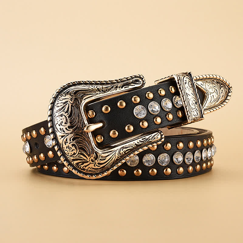 Ceinture en cuir à rivets et strass de luxe pour femme