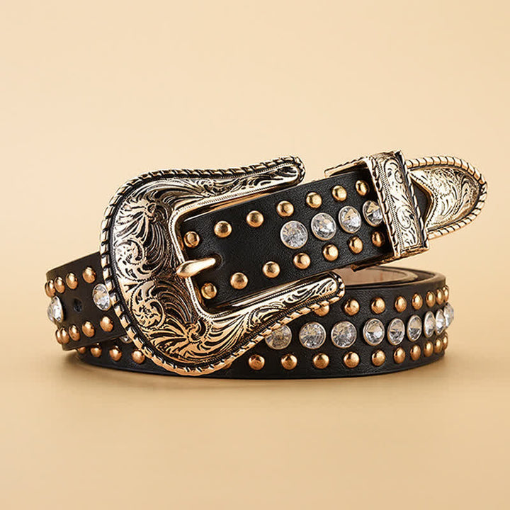 Ceinture en cuir à rivets et strass de luxe pour femme