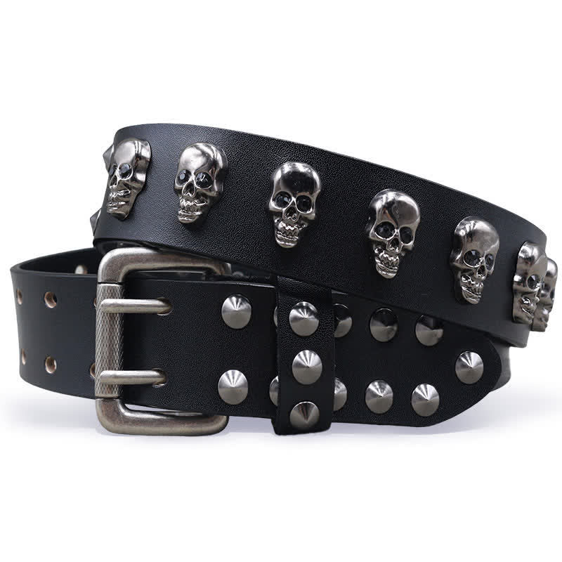 Ceinture en cuir à double attache avec rivets en forme de tête de mort style hip-hop