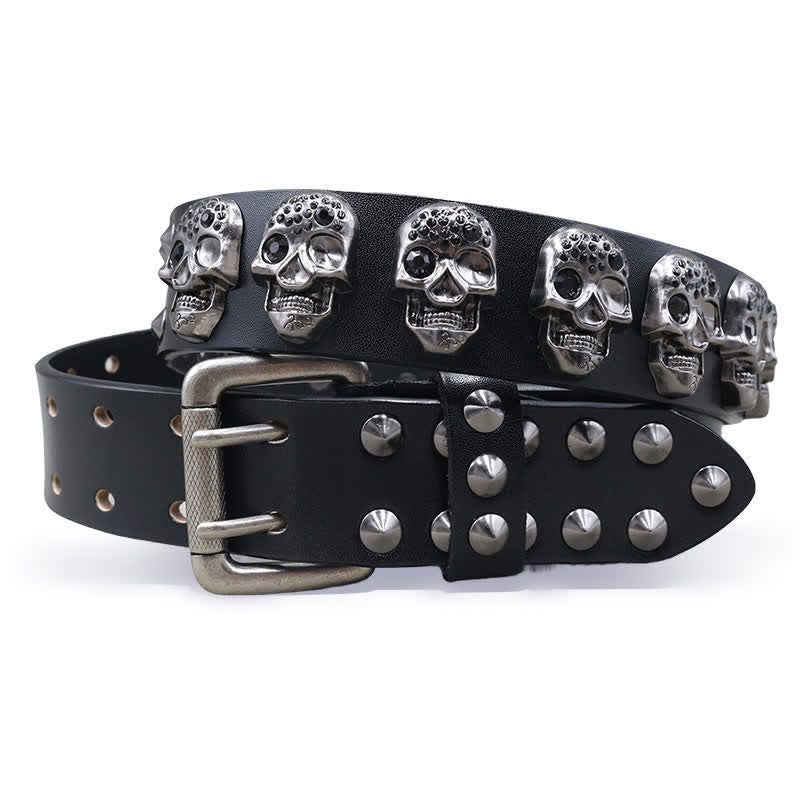 Ceinture en cuir à double ardillon avec rivets et têtes de mort pour motard