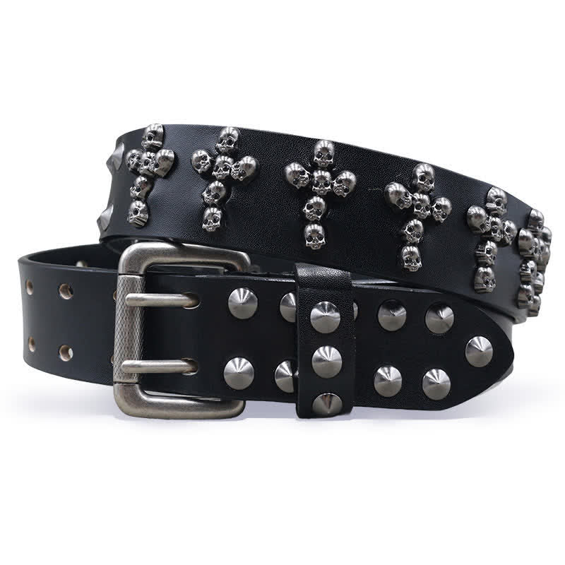 Ceinture en cuir à double attache avec rivets en forme de tête de mort en forme de croix