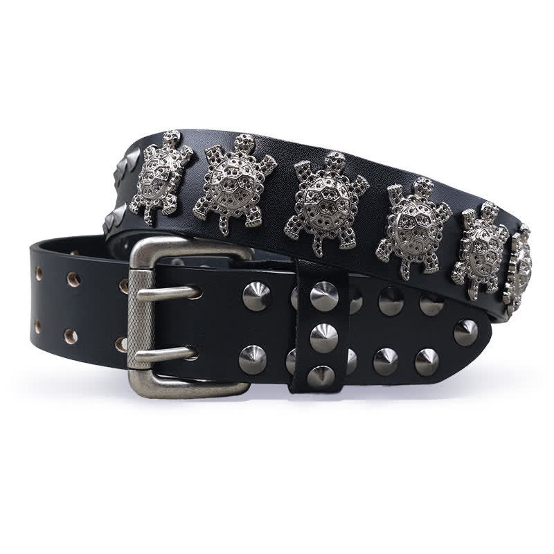 Ceinture en cuir à double attache avec rivets en métal en forme de tortue tridimensionnelle