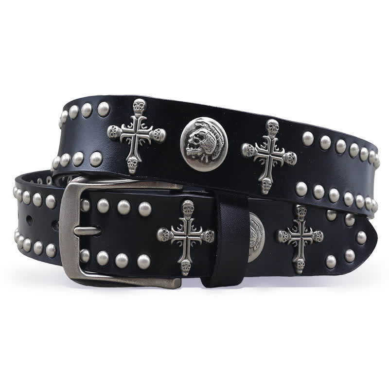 Ceinture en cuir à double attache avec rivets en forme de tête de mort et croix