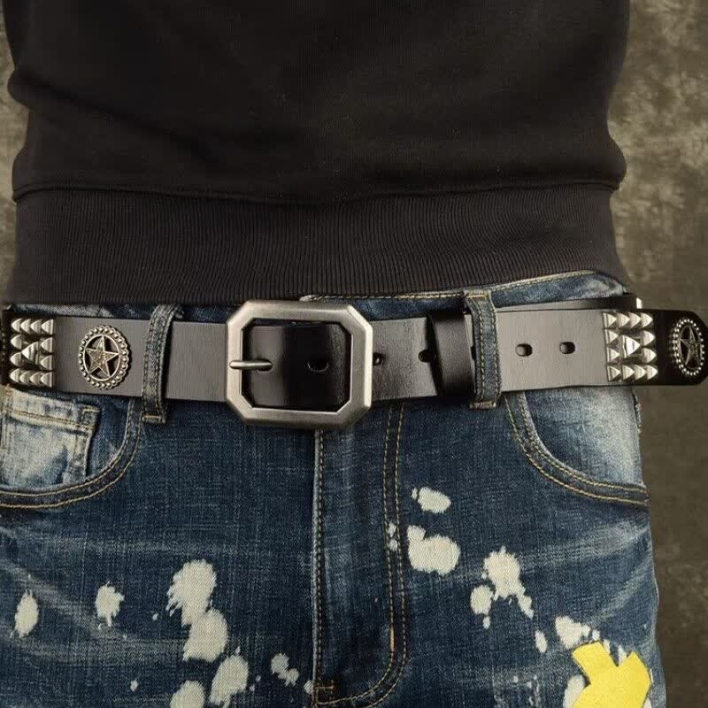 Ceinture en cuir cloutée avec rivets en forme d'étoile en métal pour motard punk