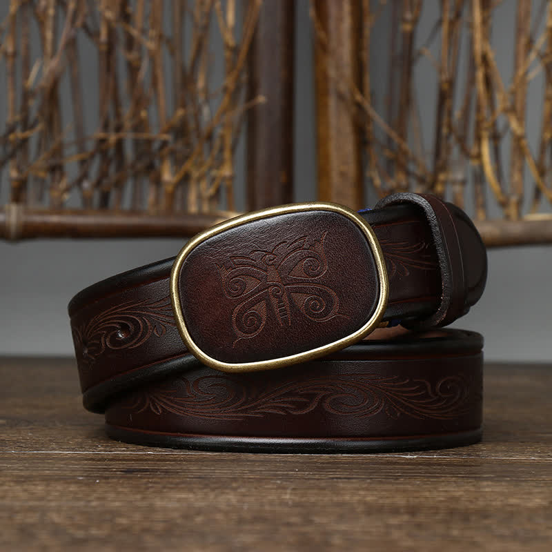 Ceinture en cuir épais de luxe rétro à imprimé papillon