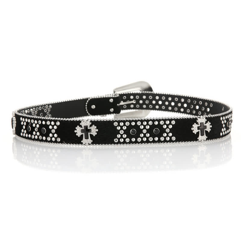 Ceinture en cuir avec boucle gravée et strass et rivets en croix noire