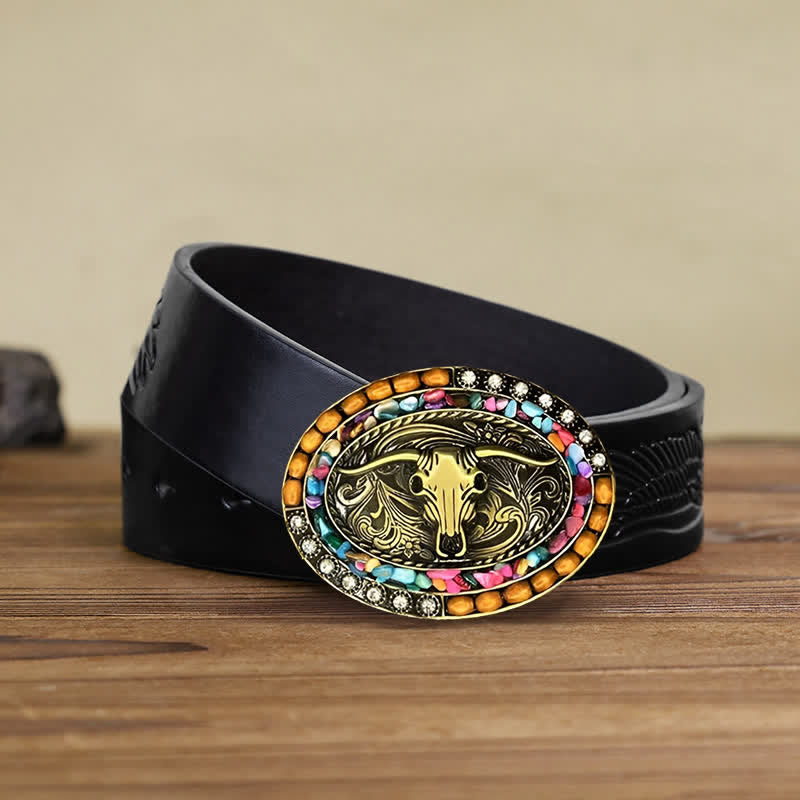 Ceinture en cuir avec boucle en perles de bois de taureau porte-bonheur pour homme