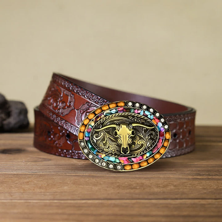 Ceinture en cuir avec boucle en perles de bois de taureau porte-bonheur pour homme