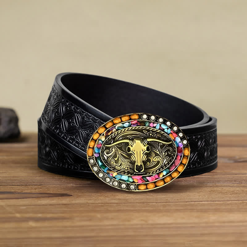 Ceinture en cuir avec boucle en perles de bois de taureau porte-bonheur pour homme
