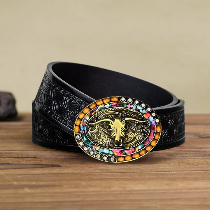 Ceinture en cuir avec boucle en perles de bois de taureau porte-bonheur pour homme