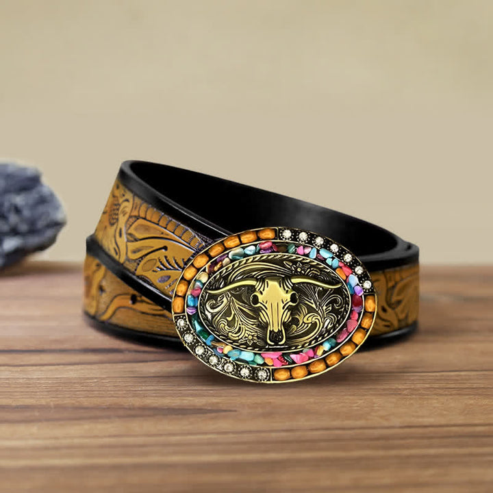 Ceinture en cuir avec boucle en perles de bois de taureau porte-bonheur pour homme