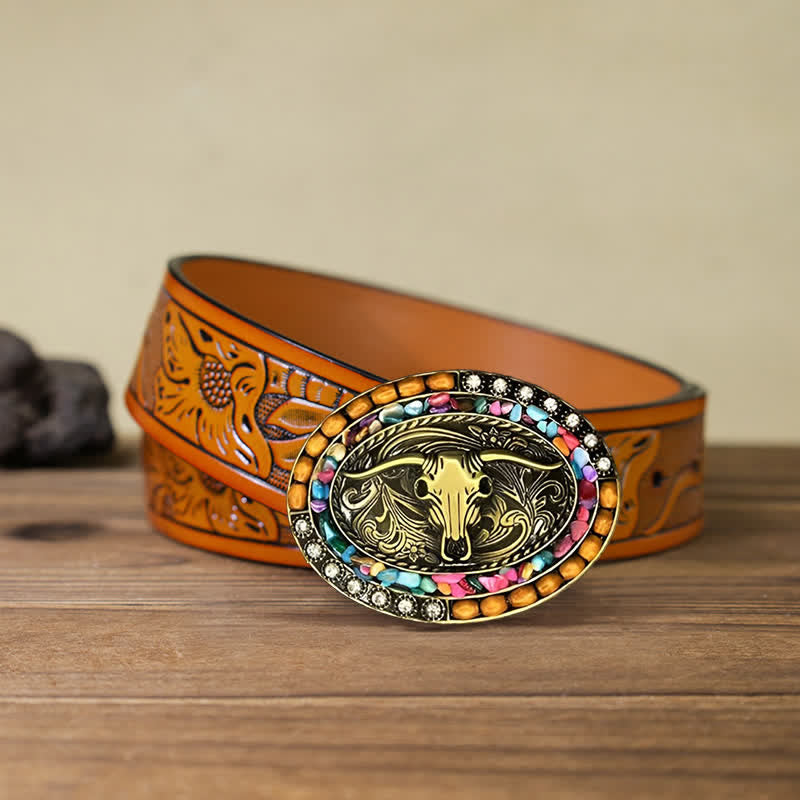 Ceinture en cuir avec boucle en perles de bois de taureau porte-bonheur pour homme