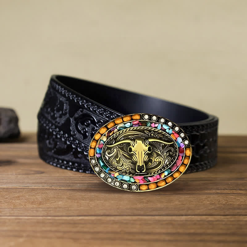 Ceinture en cuir avec boucle en perles de bois de taureau porte-bonheur pour homme