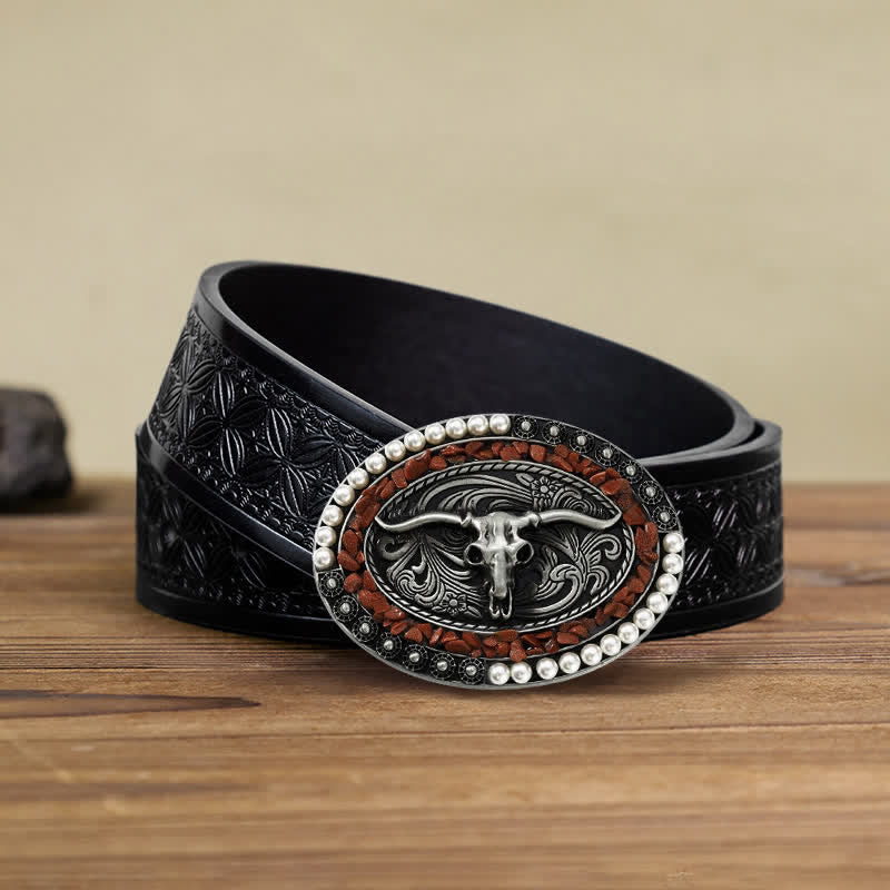 Ceinture en cuir à boucle taureau avec pierres scintillantes pour homme