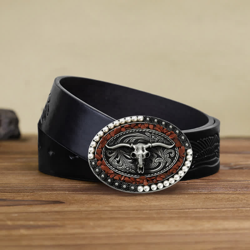 Ceinture en cuir à boucle taureau avec pierres scintillantes pour homme