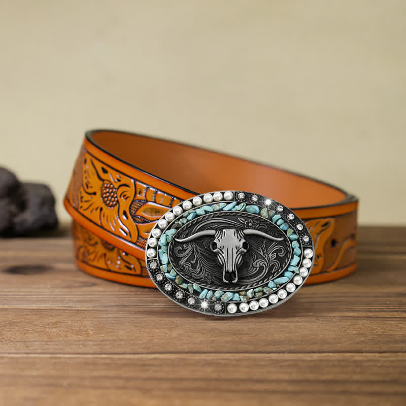 Ceinture en cuir à boucle taureau avec pierres scintillantes pour homme