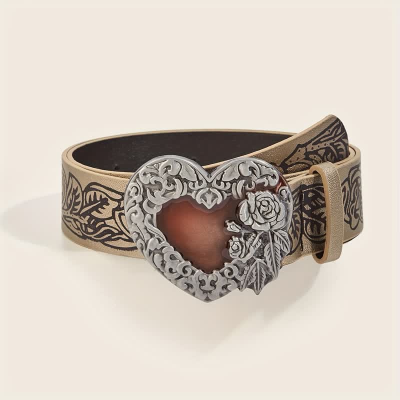 Ceinture en cuir avec motif de rose en relief et cœur en émail rouge