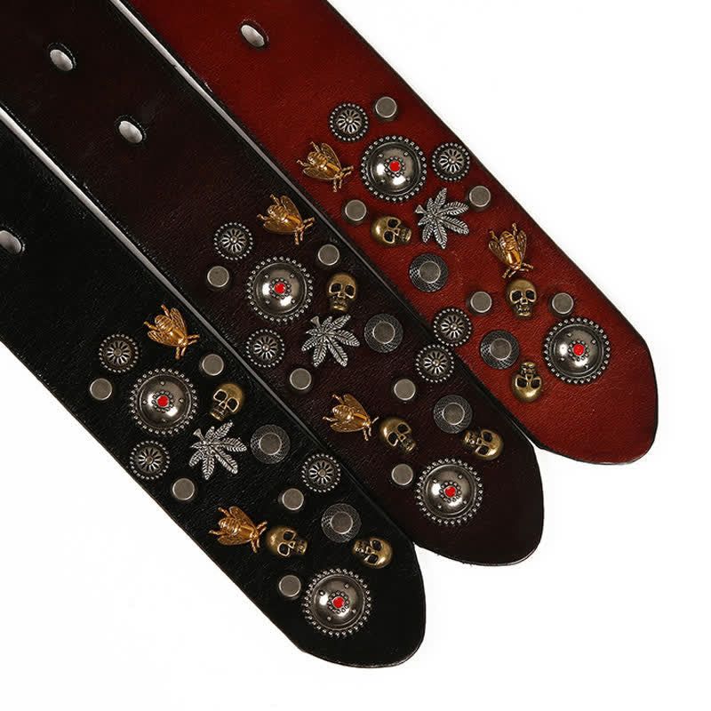 Ceinture en cuir à rivets en érable avec motif d'abeille et crâne gothique