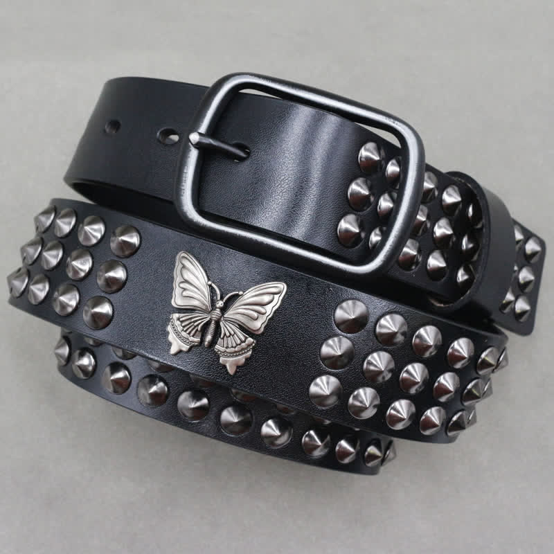 Ceinture en cuir cloutée à trois rangées de rivets papillon gothiques