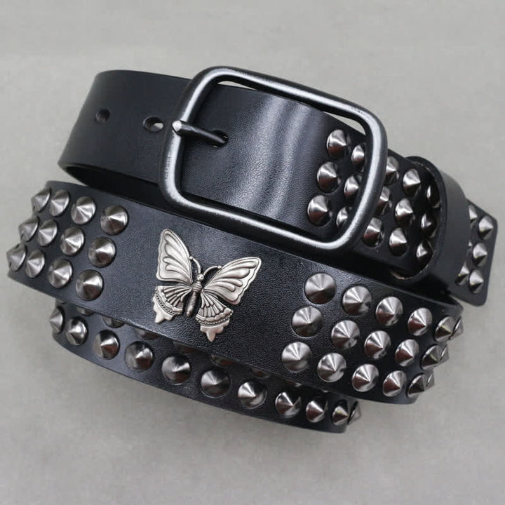 Ceinture en cuir cloutée à trois rangées de rivets papillon gothiques