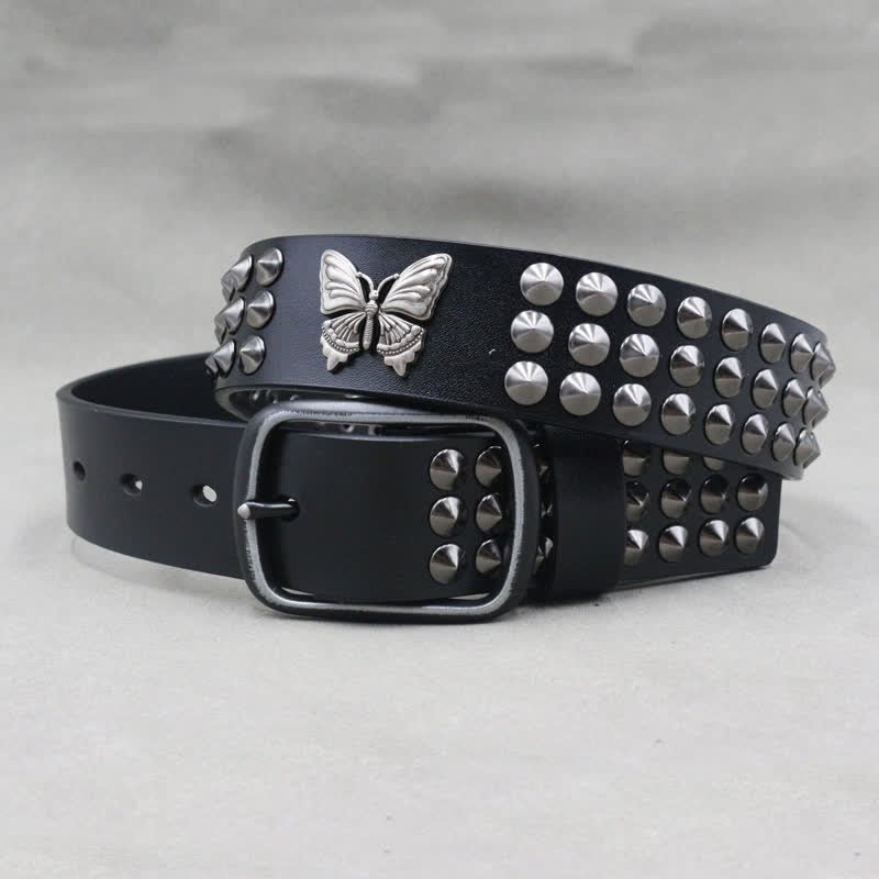 Ceinture en cuir cloutée à trois rangées de rivets papillon gothiques