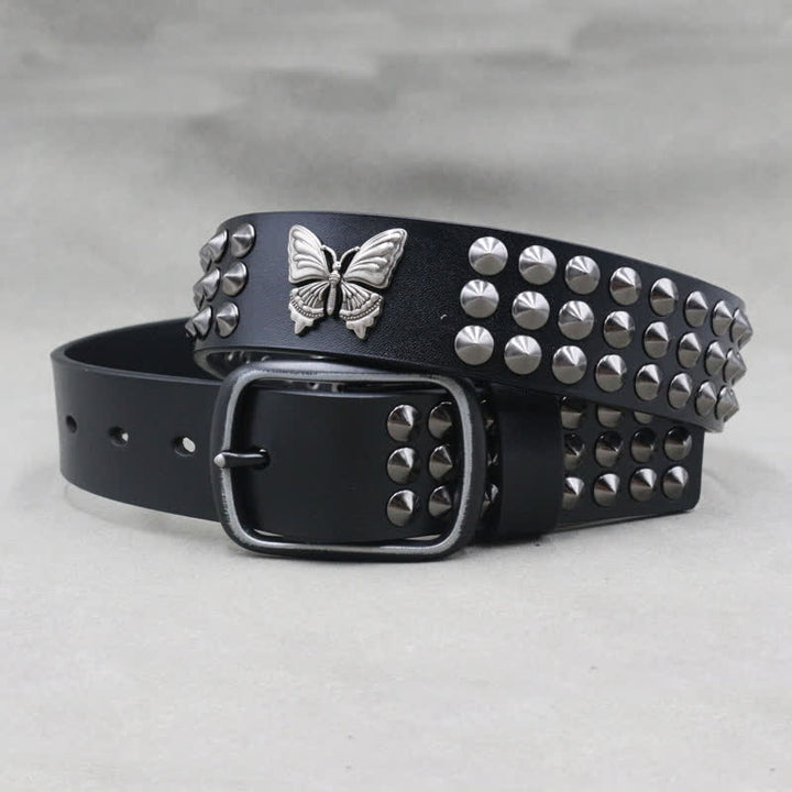 Ceinture en cuir cloutée à trois rangées de rivets papillon gothiques