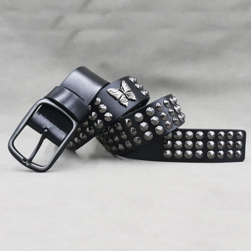 Ceinture en cuir cloutée à trois rangées de rivets papillon gothiques