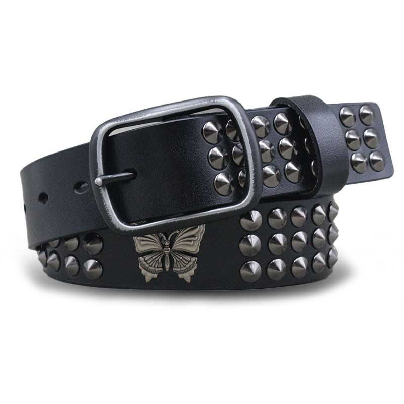 Ceinture en cuir cloutée à trois rangées de rivets papillon gothiques