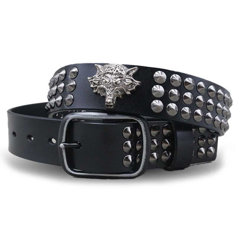 Ceinture en cuir cloutée à trois rangées de rivets à tête de loup