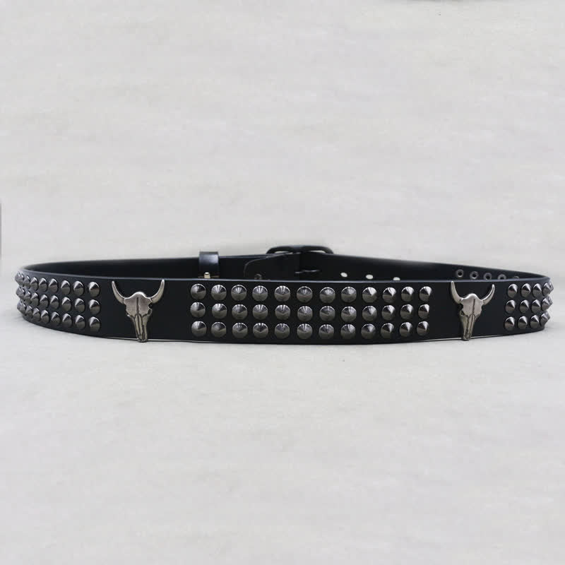 Ceinture en cuir cloutée à trois rangées de rivets tête de taureau western