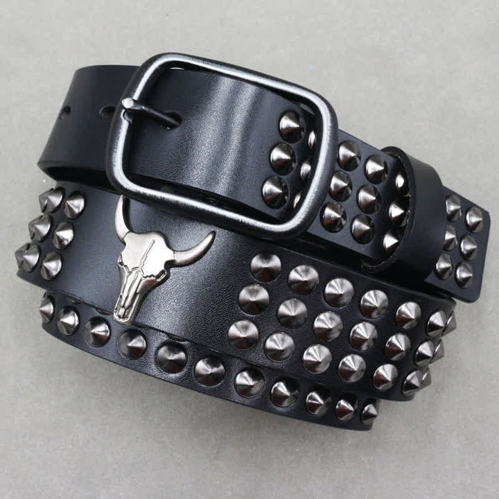 Ceinture en cuir cloutée à trois rangées de rivets tête de taureau western