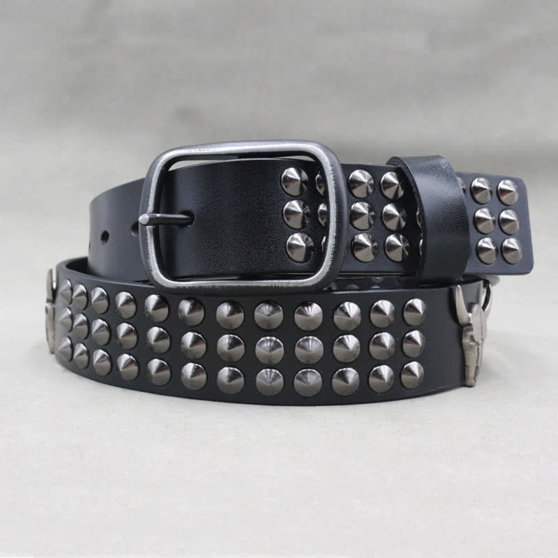 Ceinture en cuir cloutée à trois rangées de rivets tête de taureau western
