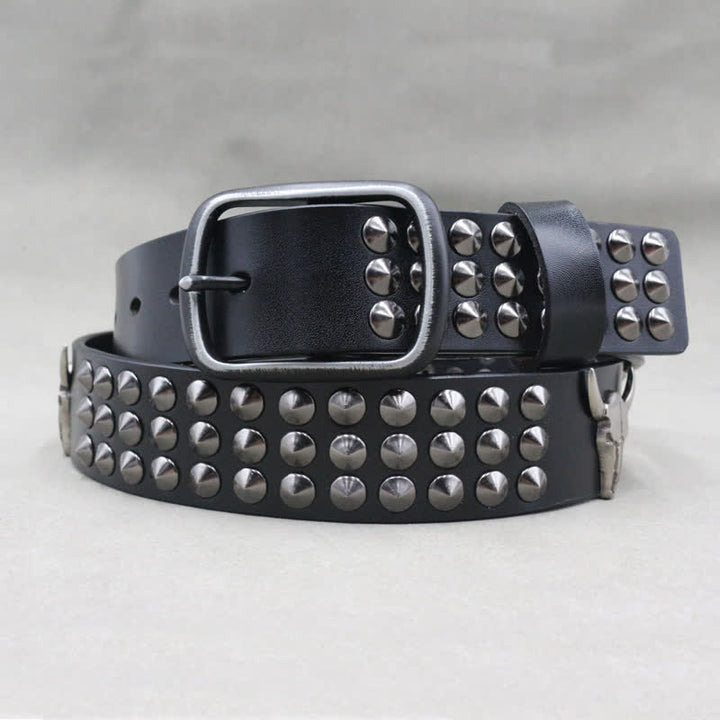 Ceinture en cuir cloutée à trois rangées de rivets tête de taureau western