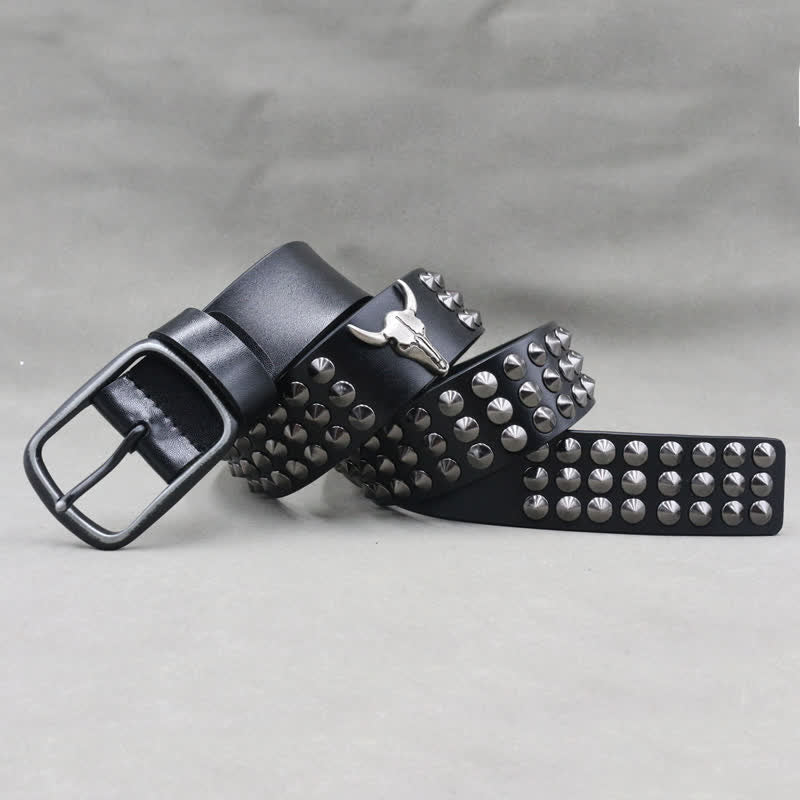 Ceinture en cuir cloutée à trois rangées de rivets tête de taureau western