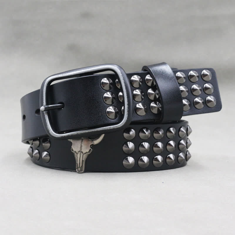 Ceinture en cuir cloutée à trois rangées de rivets tête de taureau western