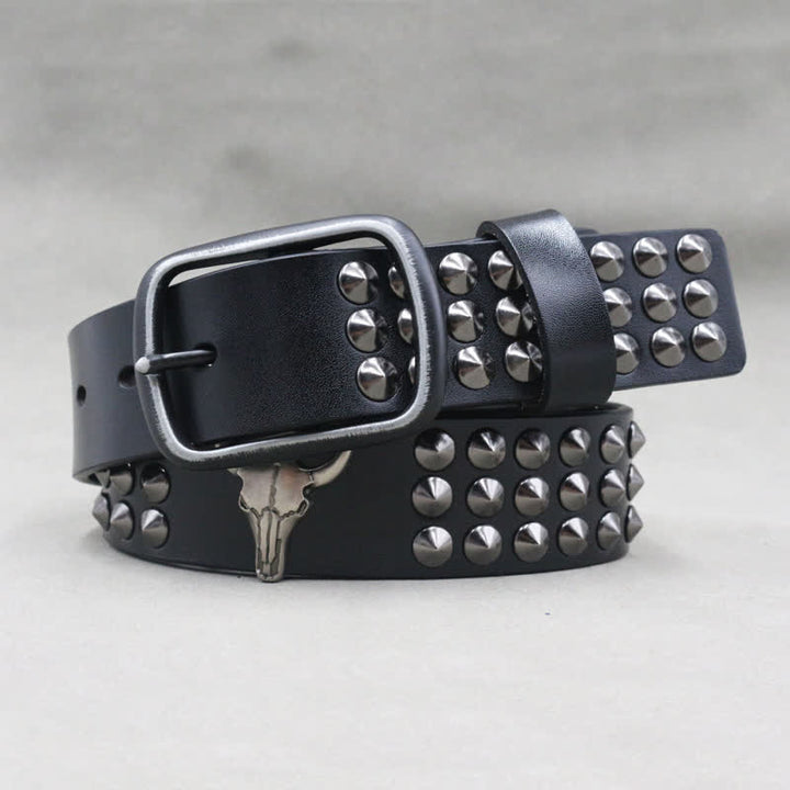 Ceinture en cuir cloutée à trois rangées de rivets tête de taureau western