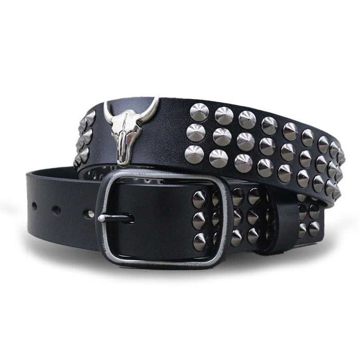 Ceinture en cuir cloutée à trois rangées de rivets tête de taureau western