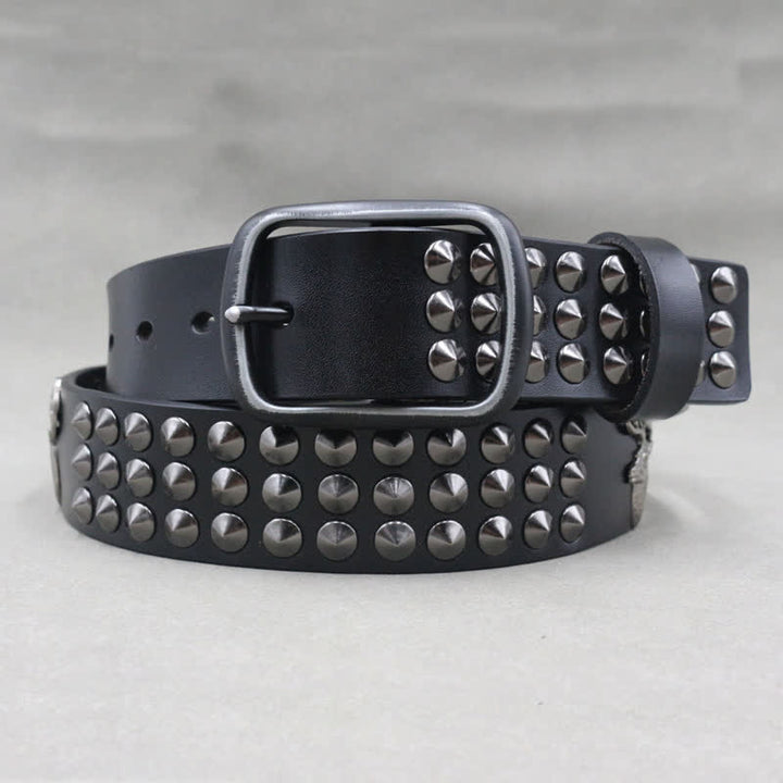 Ceinture en cuir cloutée à trois rangées de rivets Lucky Deer