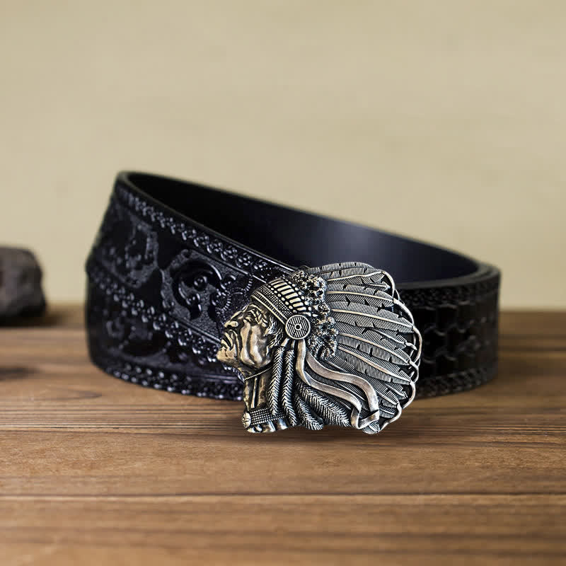 Ceinture en cuir à boucle pour homme avec tête de chef autochtone