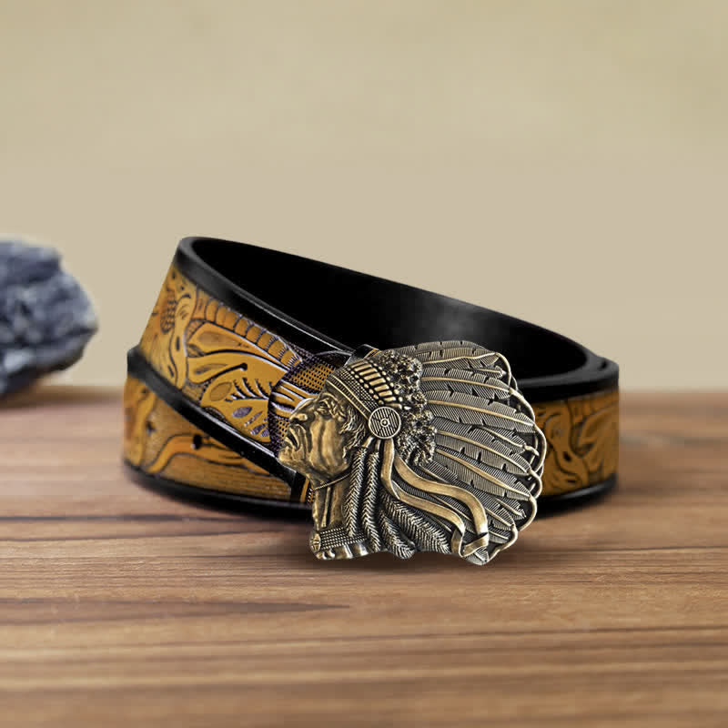 Ceinture en cuir à boucle pour homme avec tête de chef autochtone