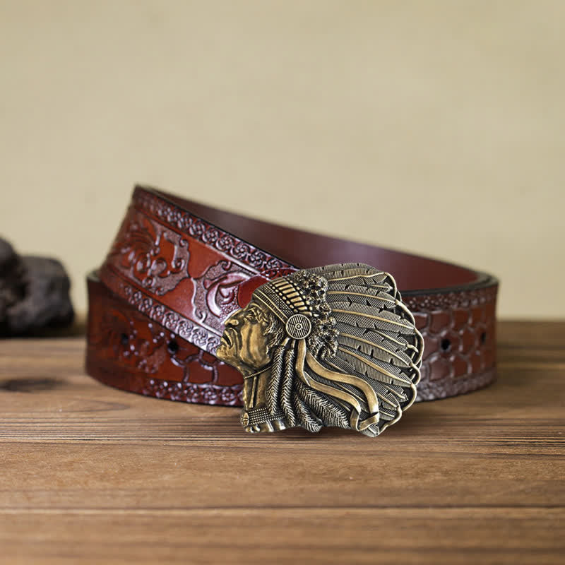 Ceinture en cuir à boucle pour homme avec tête de chef autochtone