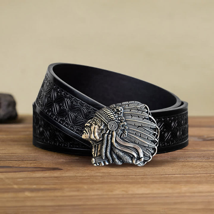 Ceinture en cuir à boucle pour homme avec tête de chef autochtone