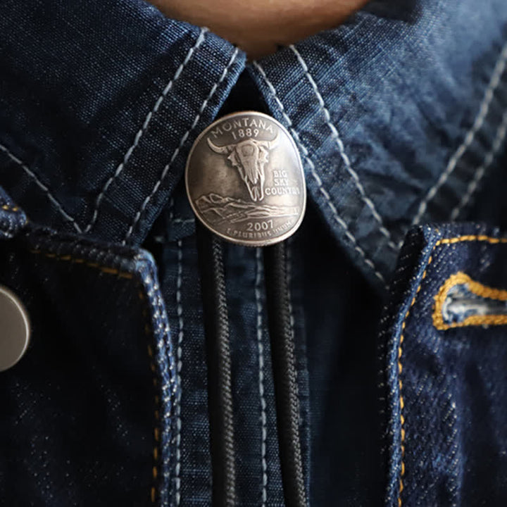Cravate bolo en forme de pièce de monnaie avec tête de taureau de cow-boy
